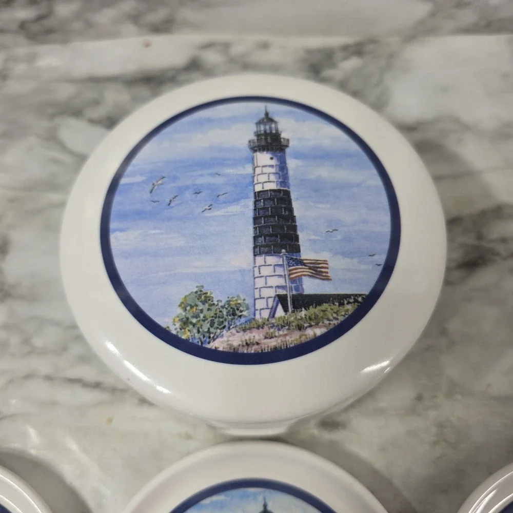 Vintage Lighthouse Coaster Set Of  6 With Holder White Plastic In EUC